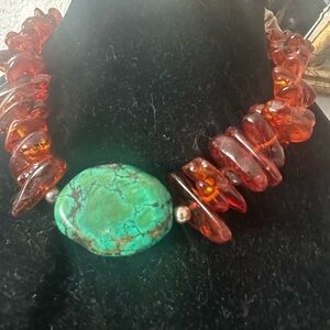 Baltic Amber and Turquoise 925 silver Statement Necklace